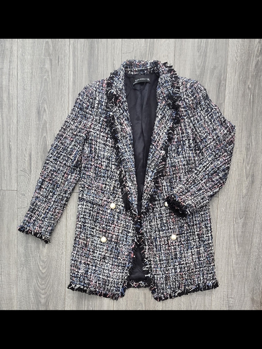 Zara Woman Multicolor Tweed Longline Blazer Gold Buttons Fringe Size S #587
